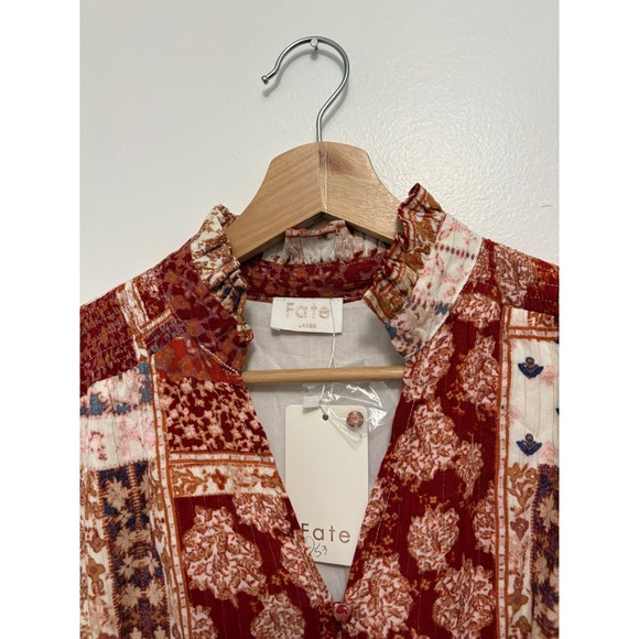 New Moda Rust Patchwork Print Top – V-Neck with Buttons – Large - Picture 3 of 4